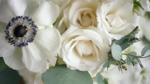 Macro close-up of white flowers in a wedding bouquet
