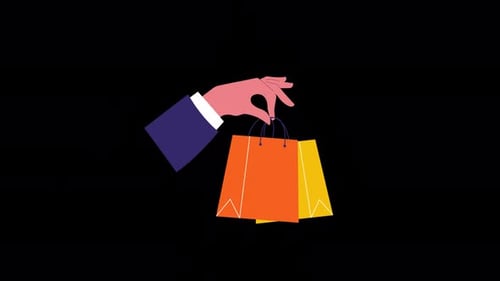 Bolsa de compras para sujetar en la mano. Vídeo de animación sobre el concepto de venta minorista y compra por parte del consumidor: transparente