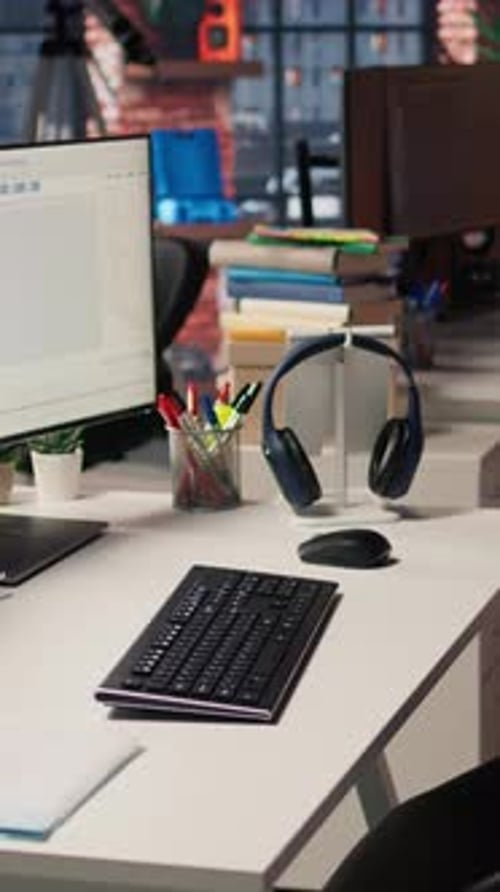 Vertical Video Technology Unicorn Venture Workspace with PC Used to Conduct Code Reviews