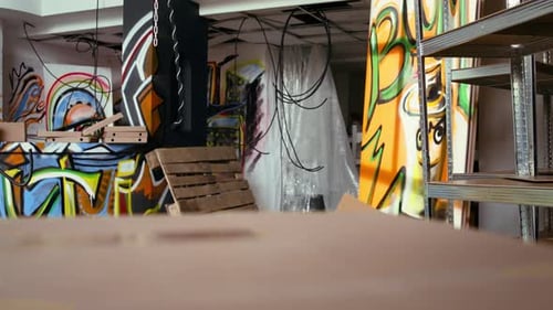 Empty Building with Destroyed Items and Graffiti Paint
