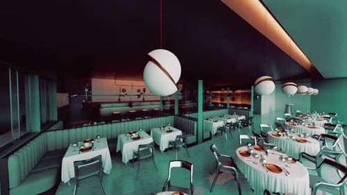 Elegant Restaurant Interior with Unique Lighting and Stylish Tables