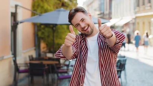 Happy Man Showing Thumbs Up Like Sign Positive Something Good Positive Feedback in City Street