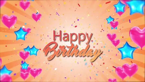 Animated Happy Birthday Text with Balloons and Confetti