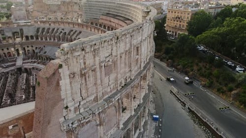 Roman Colosseum Details at Sunset - Aerial View of Ancient Gladiator Arena