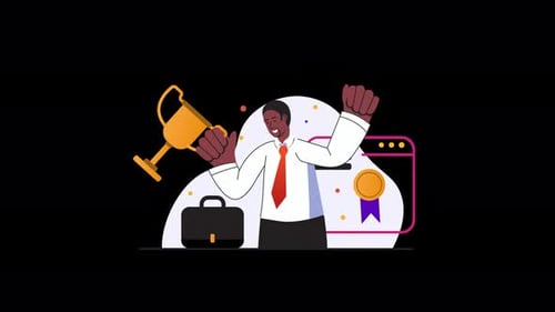 Happy African businessman celebrating success with a trophy.