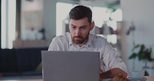 Caucasian Handsome Man Staying Home Casual Apartment Using Laptop Watching Entertaining Content Fun