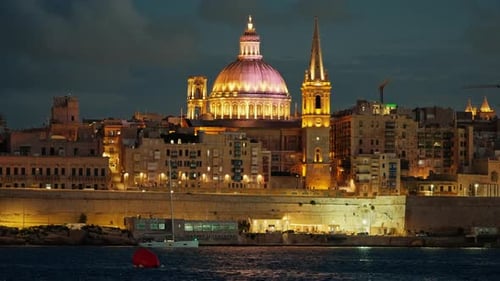 Incredible View of the Old Town of Valletta at Night with Incredible Illumination and Night Lights