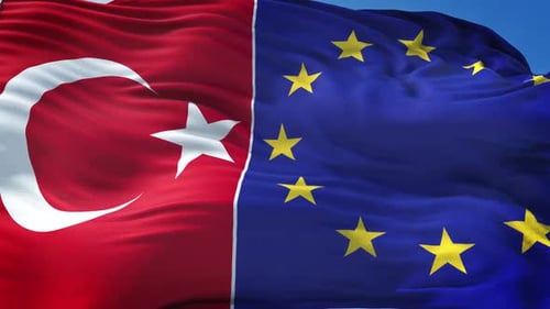 Turkey and European Union Flags Waving Together