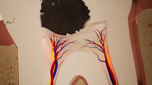 Illustration of Tooth Cross-Section with Blood Vessels and Nerves