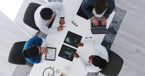 Medical, above or people in hospital with x ray, mri results or review for patient diagnosis