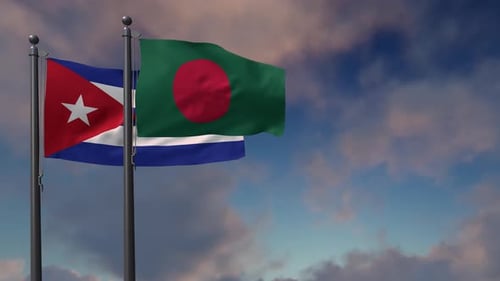 Realistic Flags of Cuba and Bangladesh Waving in the Wind
