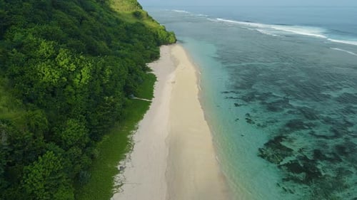 Aerial view of scenic beach and transparent ocean on Bali island.
