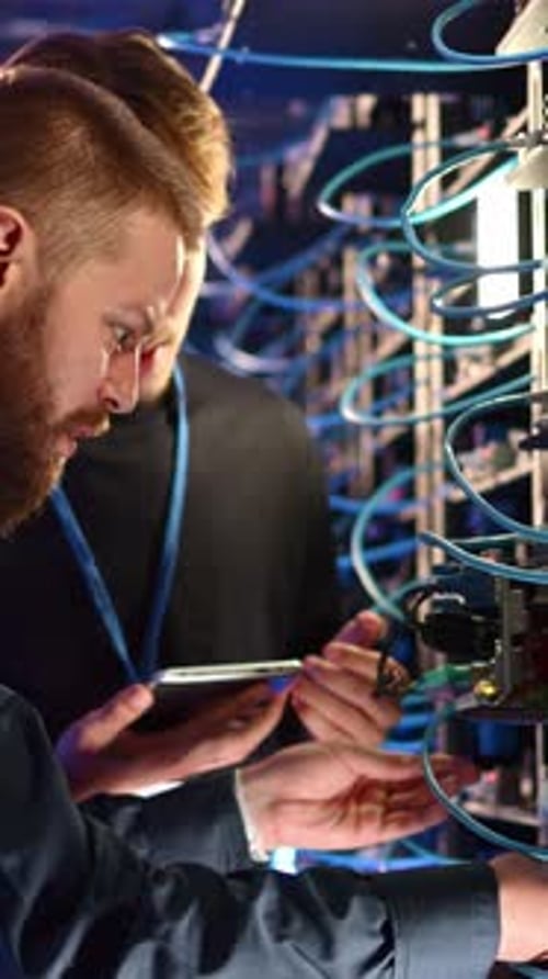 Two men analysing servers in a data centre. Vertical