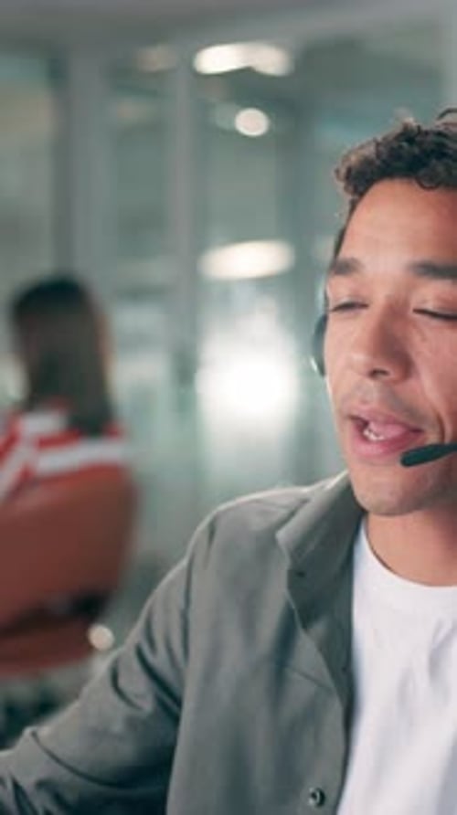 Communication, headset or man in call center for telemarketing, customer service