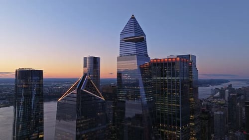 Aerial view of hudson yards skyline at sunset, United States.
