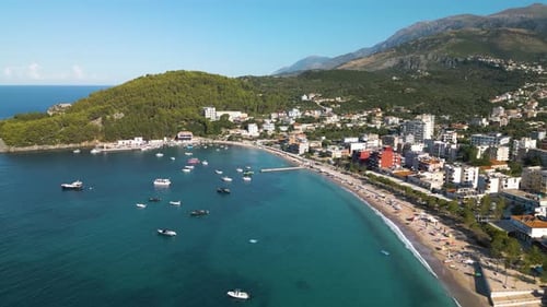 Scenic Aerial View Above Himare, Albania on Beautiful Summer Day