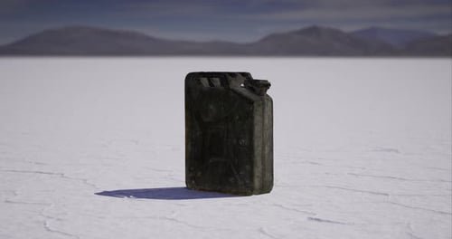 Weathered Fuel Can Rotating in a Barren Desert Landscape