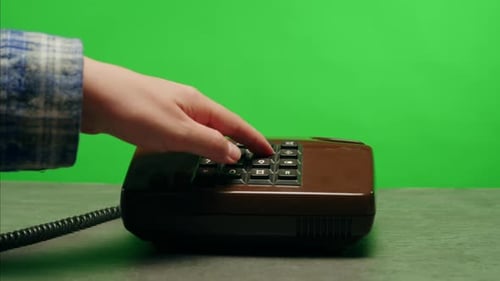 Retro Vintage Phone on Chroma Key Green Screen Rotary Telephone is Displayed on a Wooden Desk Adding
