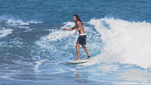 Surfer Riding on Surfboard in Beautiful Ocean Waves Slow Motion