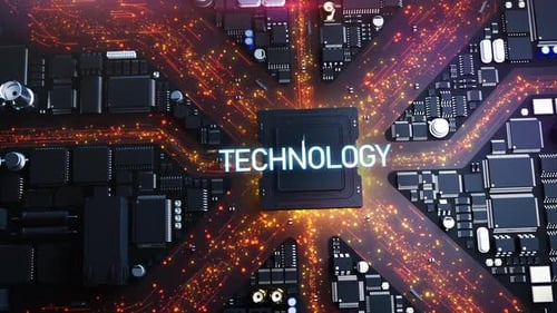 technological city stylization of the city in the printed circuit concept, the header "technology"