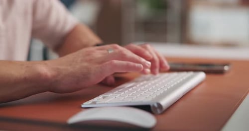 Hands, keyboard and typing with business man at desk in office for feedback, planning or report
