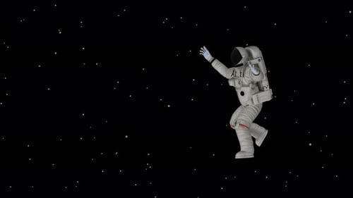 Happy astronaut running from right to left in outer space. Universe, Stars