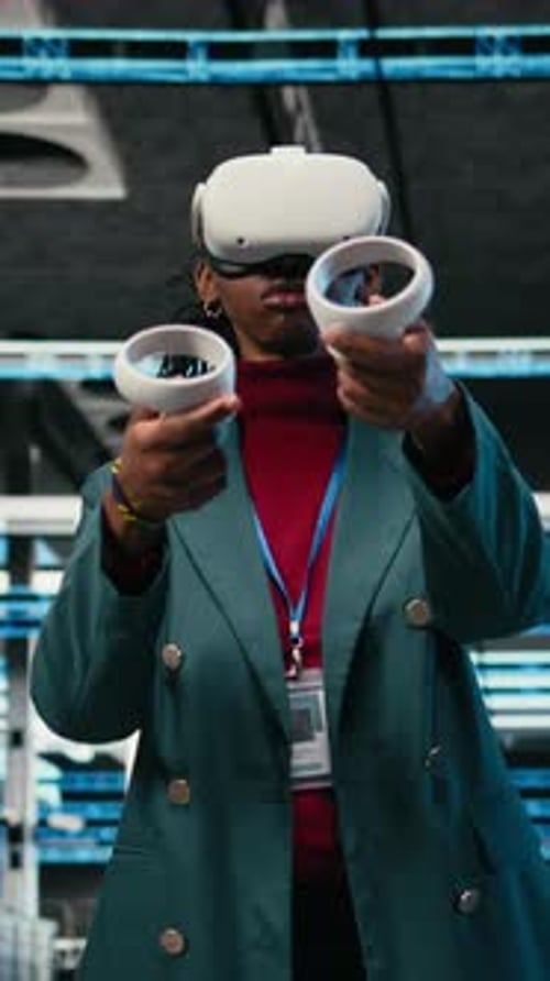 Vertical Video Data Center Smiling Programmer Uses VR Headset Technology