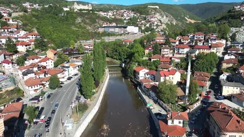Aerial View of Sarajevo City Center and Miljacka River Bosnia and Herzegovina