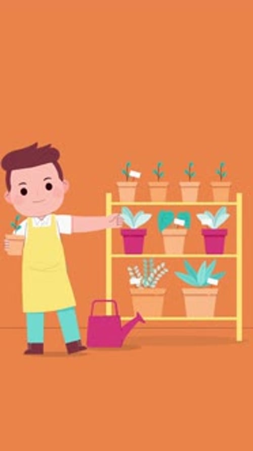 Flat Design Gardener with Potted Plants Animation