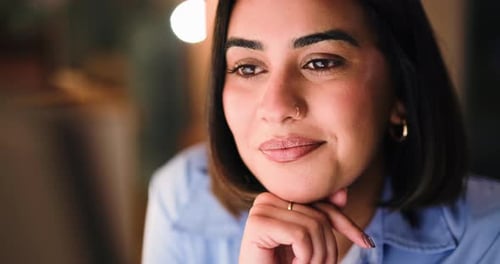Woman, smile and computer at office, night or review for project management for deadline at media