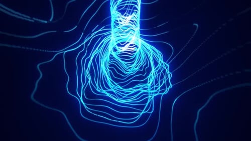 Dynamic blue neon light trails forming wave-like tunnel patterns in a dark digital space