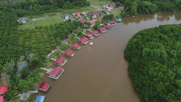 Drone view of villas on riverside in Rompin Pahang, Malaysia. water ...