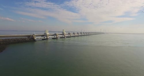 Aerial: The famous storm surge barrier in the south west of the Netherlands.