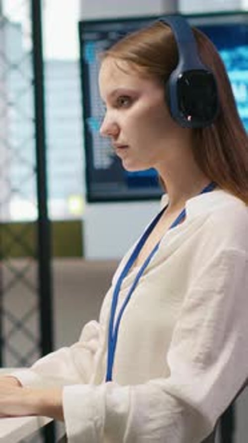 Vertical Video Young Female Programmer in Office Reviewing AI System Metrics Listening Music