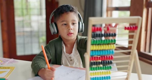 Home learning, math education or child in kindergarten studying for knowledge or growth development
