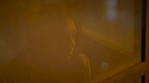 Woman Behind Glass Window in Urban Setting at Night