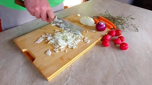 Chopping Onions with Fresh Radishes and Carrots