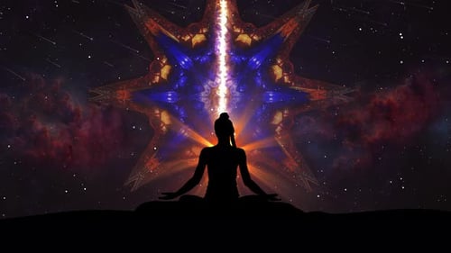Animated Meditation Silhouette, Cosmic Light and Spiritual Mandala