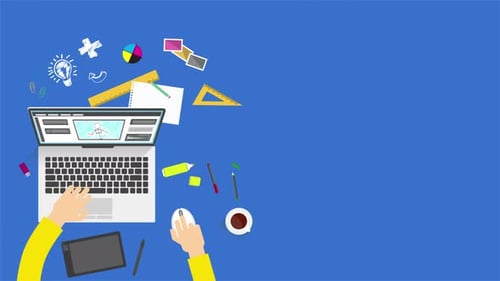 Designer Working in Office at Desk 2D Motion Graphics Animation
