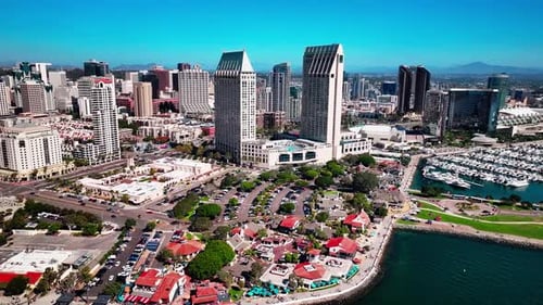 Embarcadero Marina Park in San Diego with views of the Convention Center and the harbor full of boat