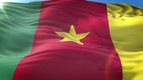 Realistic Cameroon Flag Waving in the Wind with Blue Sky