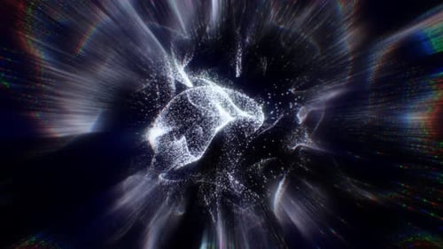 Abstract burst of white particles and light streaks on a dark background, creating cosmic