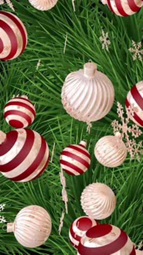 Festive Christmas Ornaments and Pine Needles Falling Vertical Background