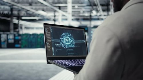 Close Up of Server Hub Admin Using Tablet to Do Infrastructure AI Automatization
