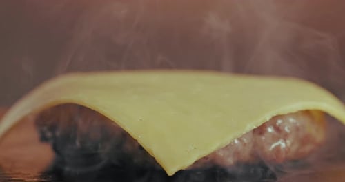 Käse, Hand und Pastete für Burger mit Küchenchef im Restaurant, Rindfleisch für die Küche kochen