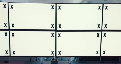 Computer screen, mockup and control room with equipment in empty office to monitor live feed