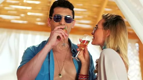 Shot of couple drinking champagne at the beach.
