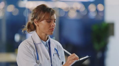 Focused Woman Doctor Taking Notes in Hospital