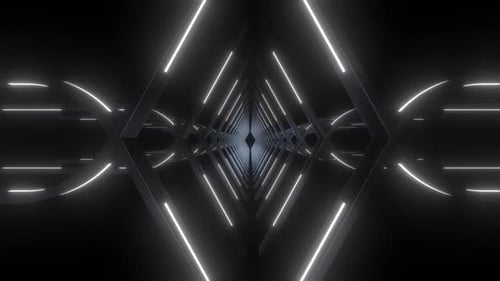 Túnel de néon futurista com padrões geométricos dinâmicos e profundidade infinita