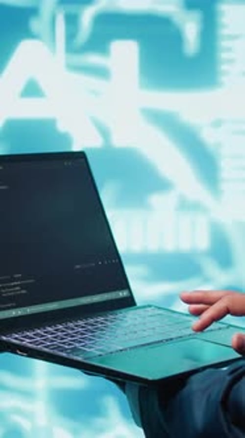 Vertical Video Close Up of Technician Writing Code for AI Applications Development